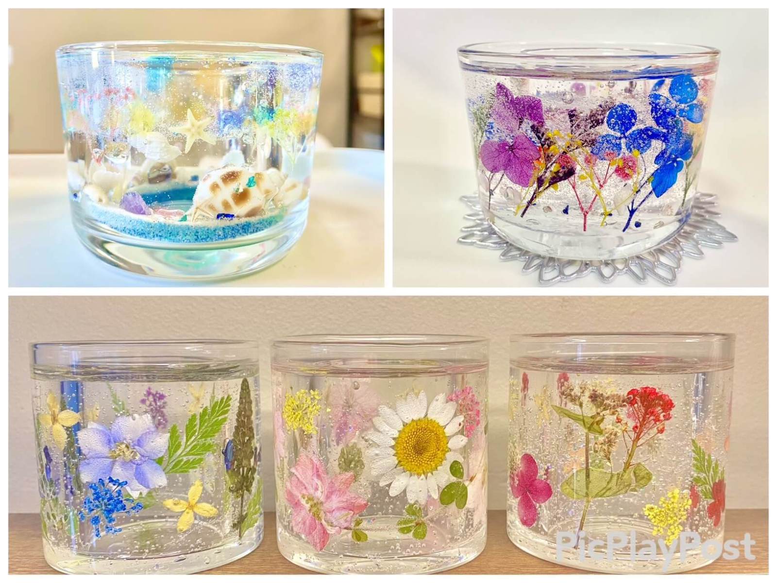 handmade gel lantern with dried flowers or seashells